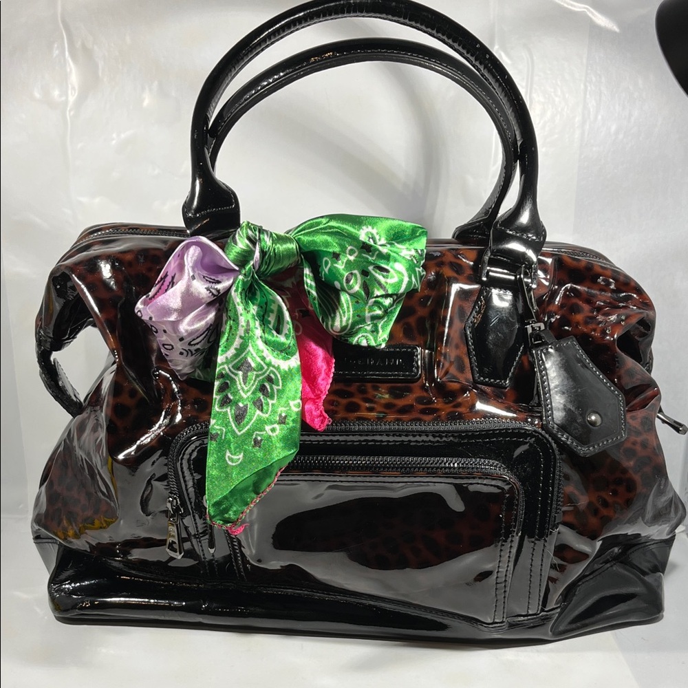 Longchamp Black and Brown Satchel with Colorful Scarf